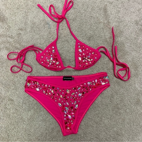 Pretty Little Thing Neon Pink V Wire Jewelled gem Bikini Sz 6/8 - Picture 5 of 12